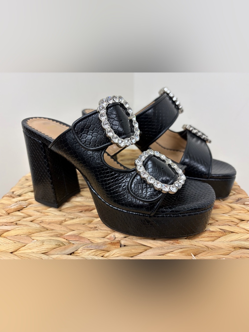 Maje Black Embossed Platform Mules with Crystal Buckles